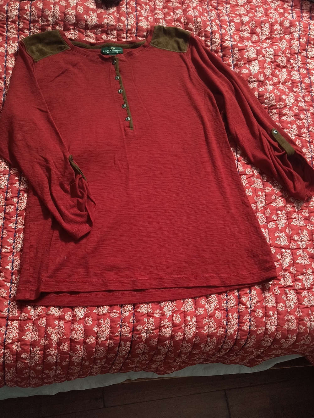 Lauren Ralph Lauren Red Long-Sleeve Henley with Brown Suede Accents